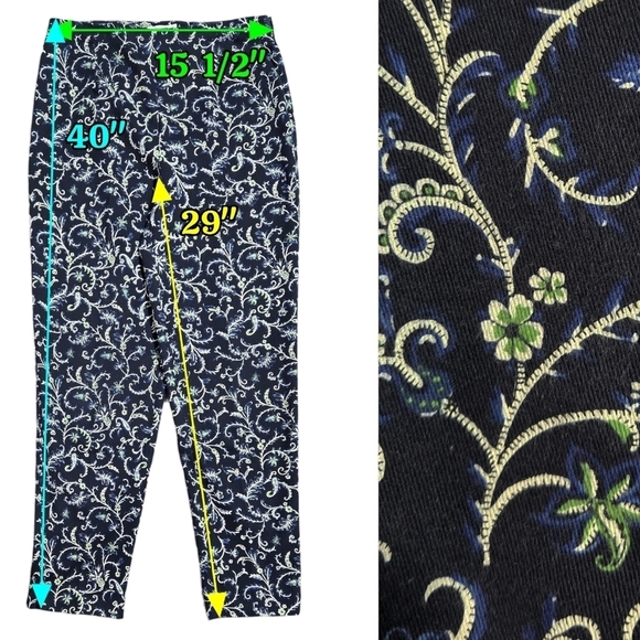 Vintage Talbots Black Blue Floral Paisley Pants Stretch Side Zipper - Picture 2 of 10